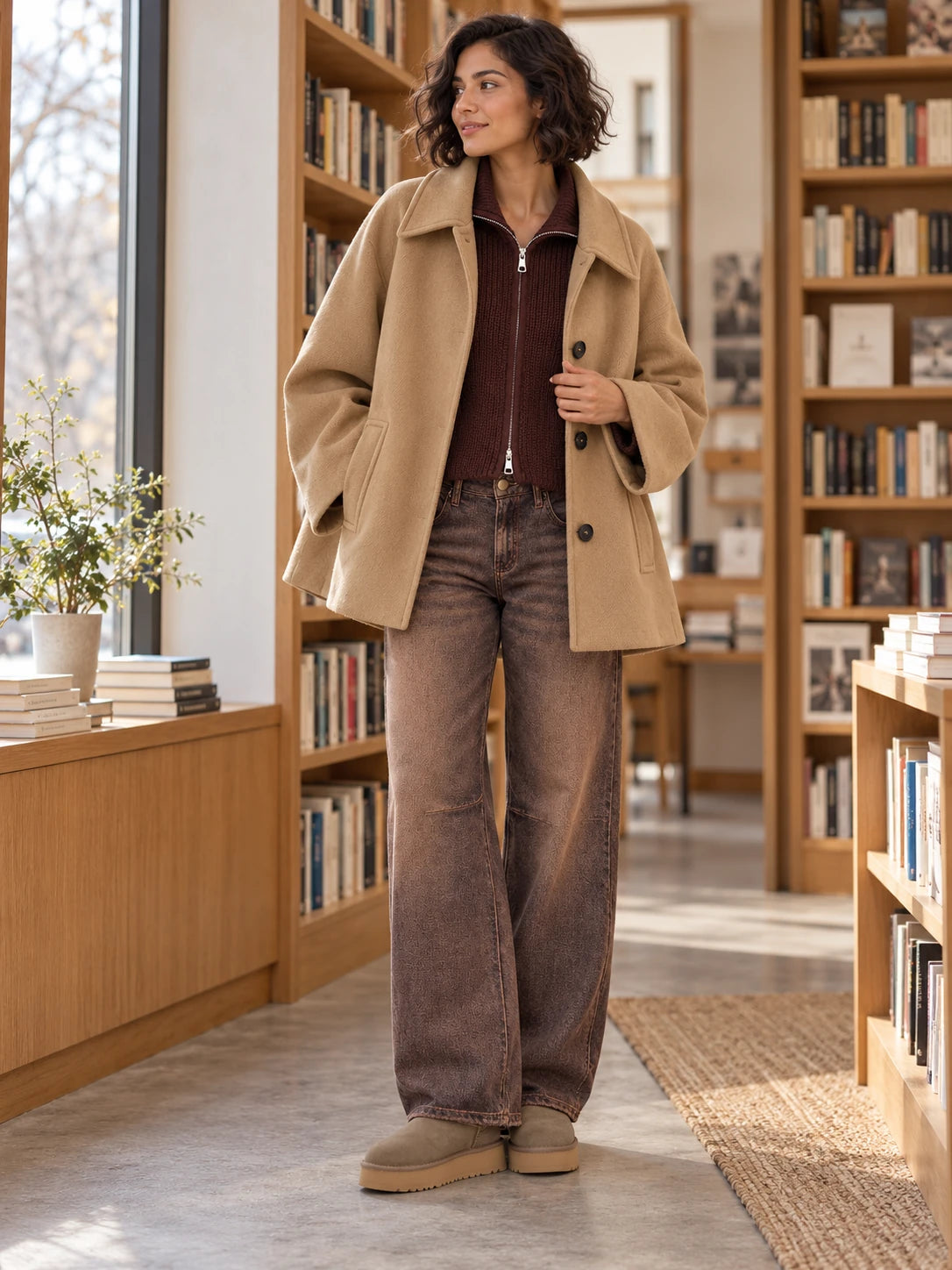 Mantel & Jeans – kompletter Winterlook am Model
