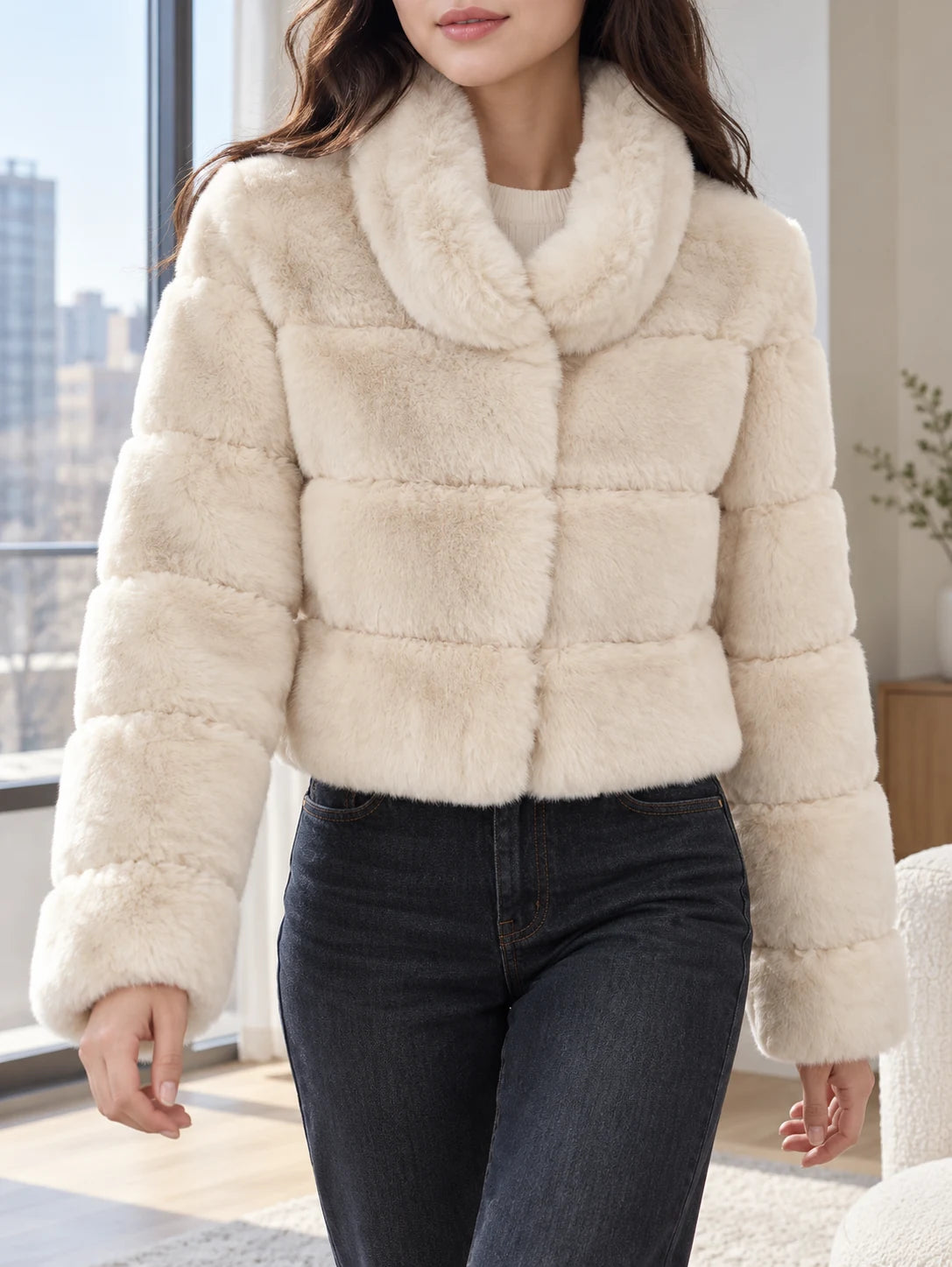 Short Women's Faux Fur Jacket with Stand-up Collar – Beige am Model
